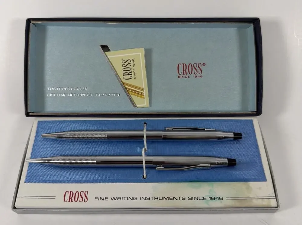 Vintage Cross Century Classic Ballpoint Pen & Pencil Set Chrome #3501 In Box